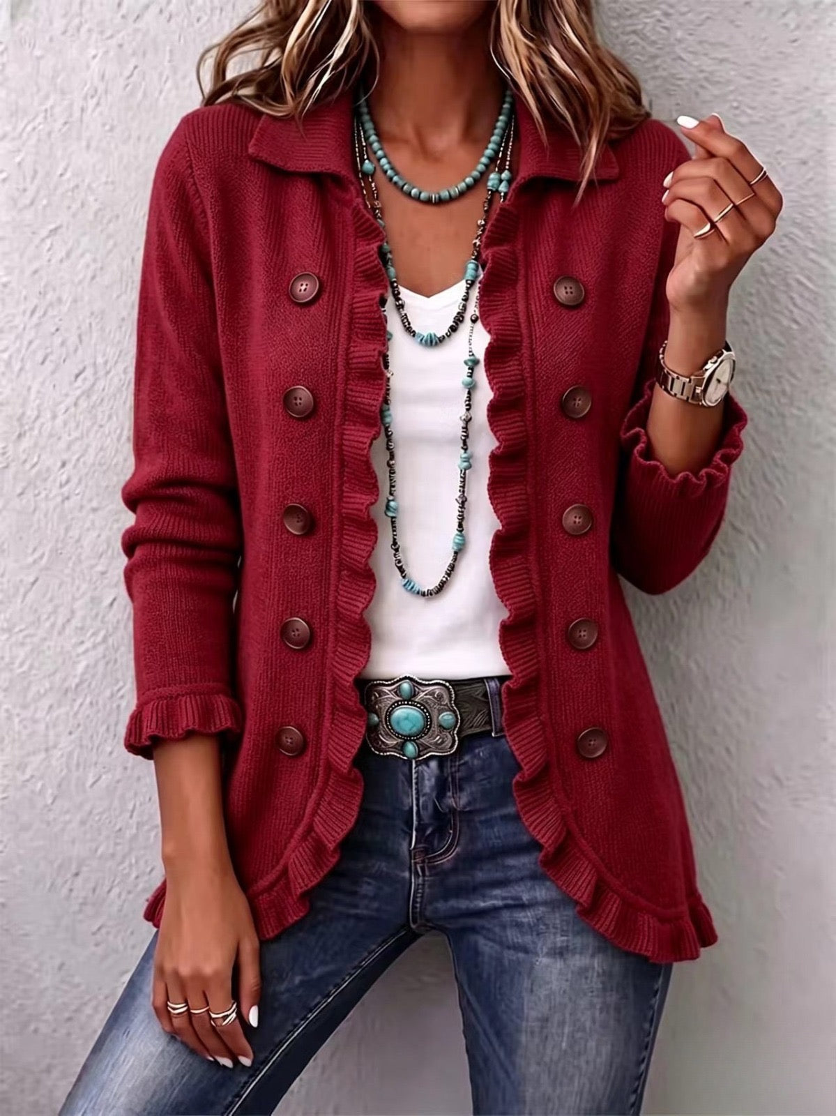 MARTHE | CARDIGAN IN MAGLIA A COSTE ROSSO RUBINO CON VOLANT