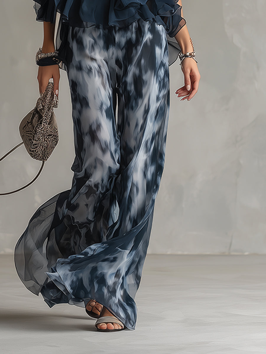 LUDMILA | ELEGANTE IN CHIFFON CON TOP A COLLO ALTO E PANTALONI LARGHI STAMPATI