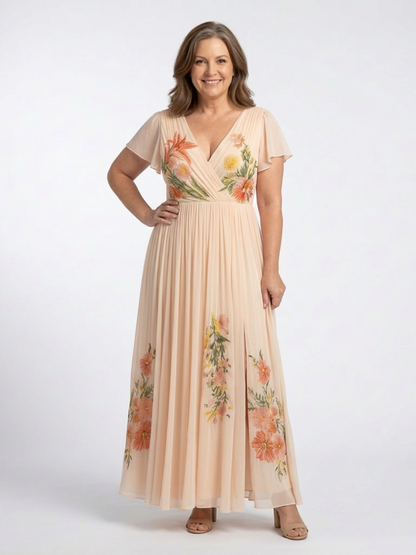 CALISTA | V NECK SHORT SLEEVE PLEATED FLORAL MAXI DRESS