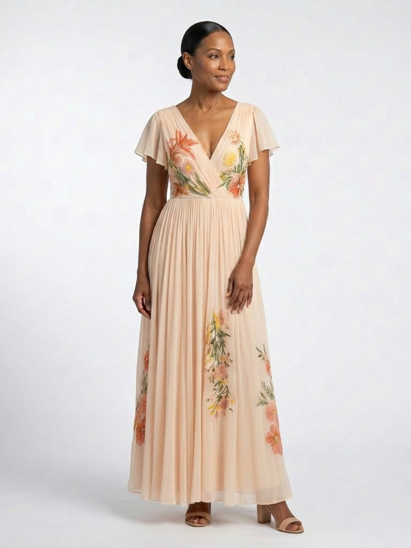 CALISTA | V NECK SHORT SLEEVE PLEATED FLORAL MAXI DRESS