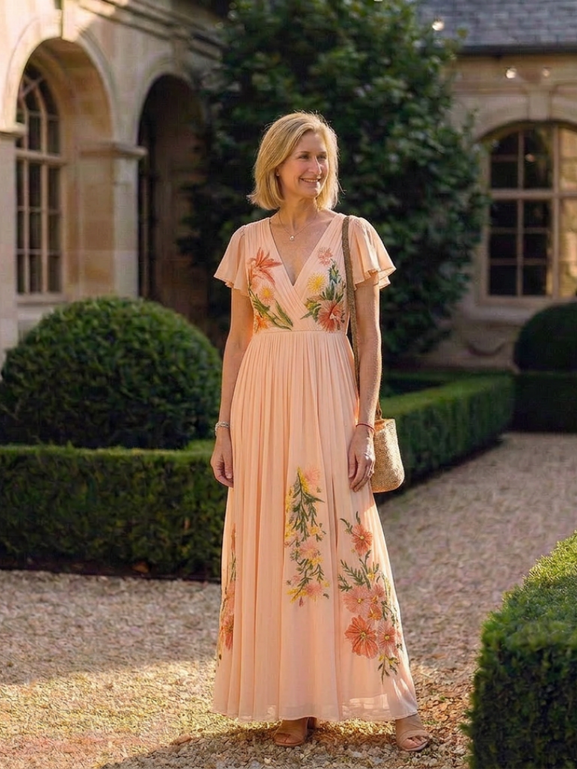 CALISTA | V NECK SHORT SLEEVE PLEATED FLORAL MAXI DRESS