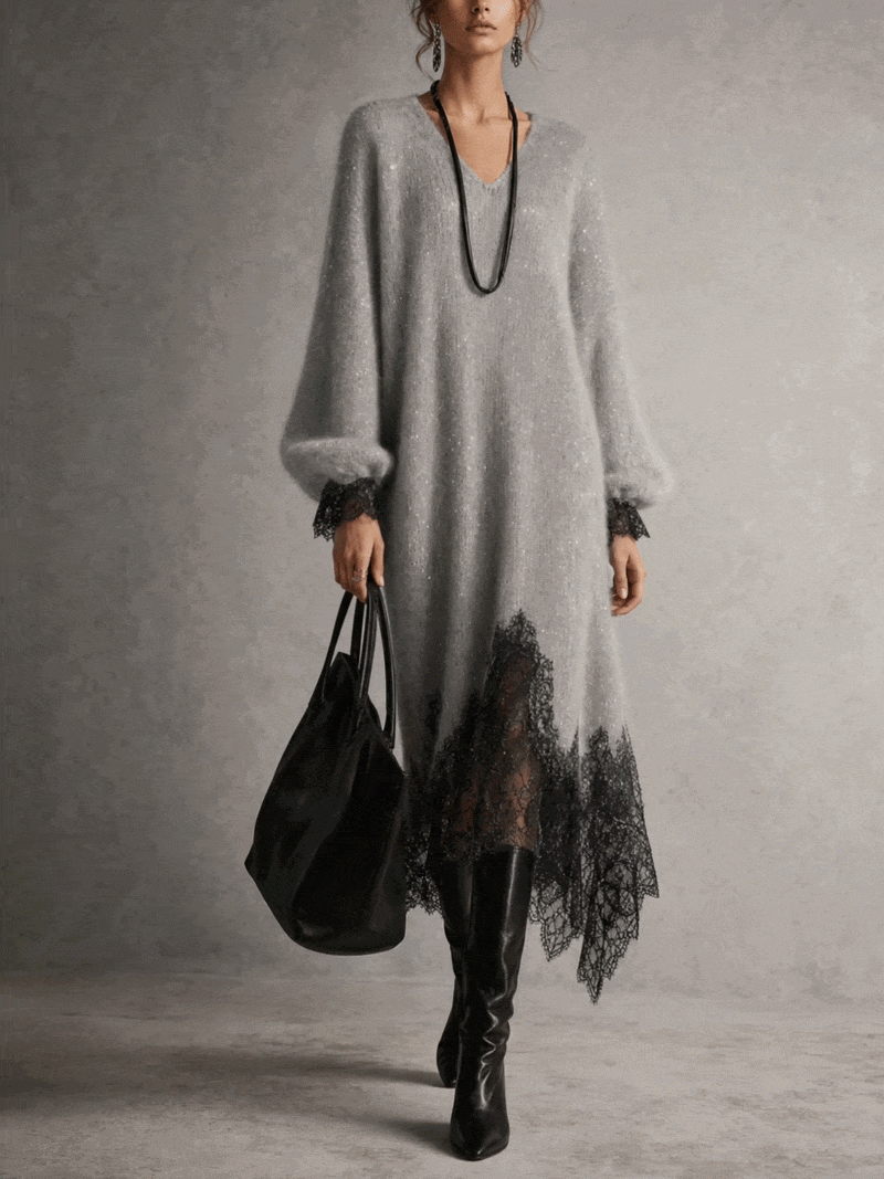 ABITO MIDI GRIGIO IN MAGLIA LUCIDA CON BORDO IN PIZZO