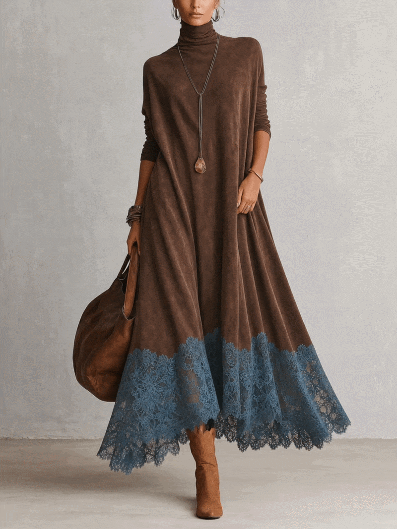 ABITO LUNGO MARRONE EFFETTO CAMOSCIO CON MANICHE LUNGHE E BORDO IN PIZZO VINTAGE