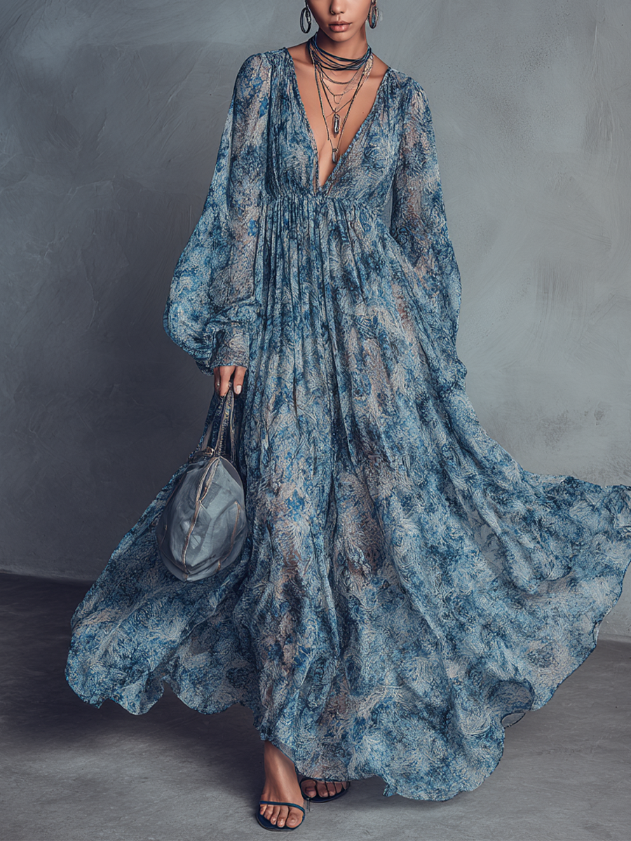 ABITO LUNGO IN CHIFFON CON STAMPA FLOREALE BLU IN STILE BOHÉMIEN DA DONNA CON SCOLLO A V E MANICHE A LANTERNA
