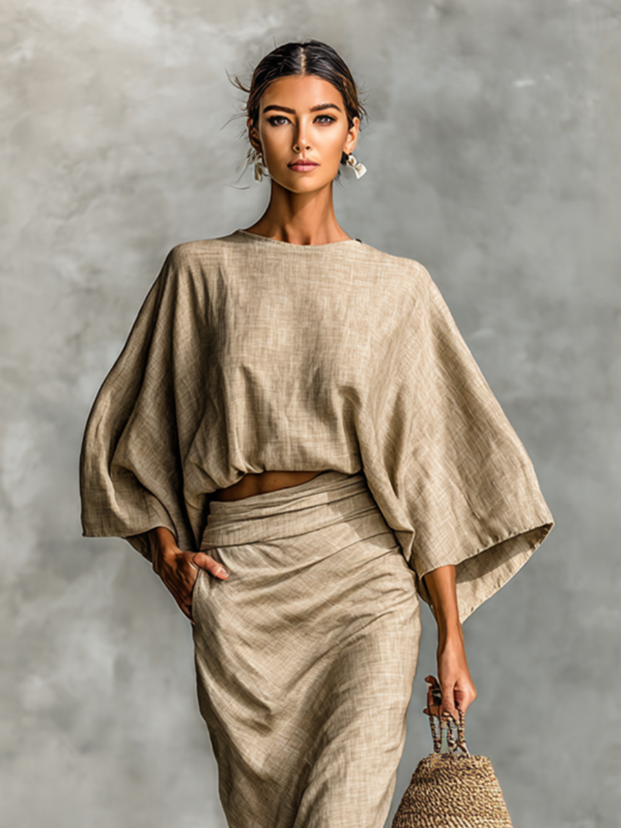 SET DI DUE PEZZI CON GONNA LUNGA IN MISTO COTONE E LINO CON MANICHE A PIPISTRELLO