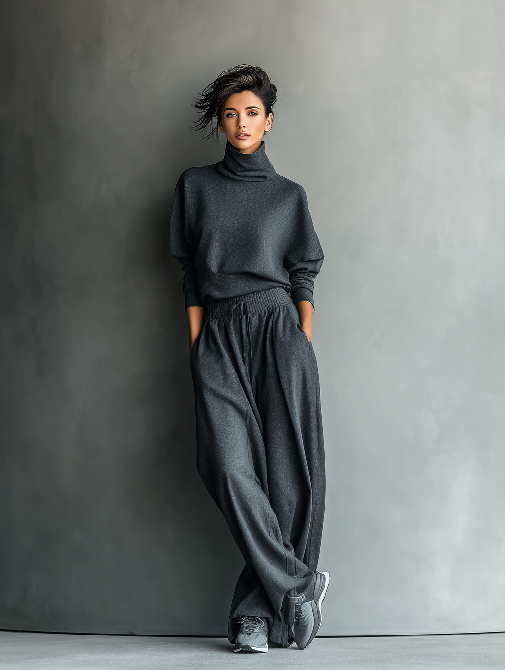COMPLETO DONNA IN MAGLIA ANTRACITE CON COLLO ALTO E PANTALONI A GAMBA LARGA