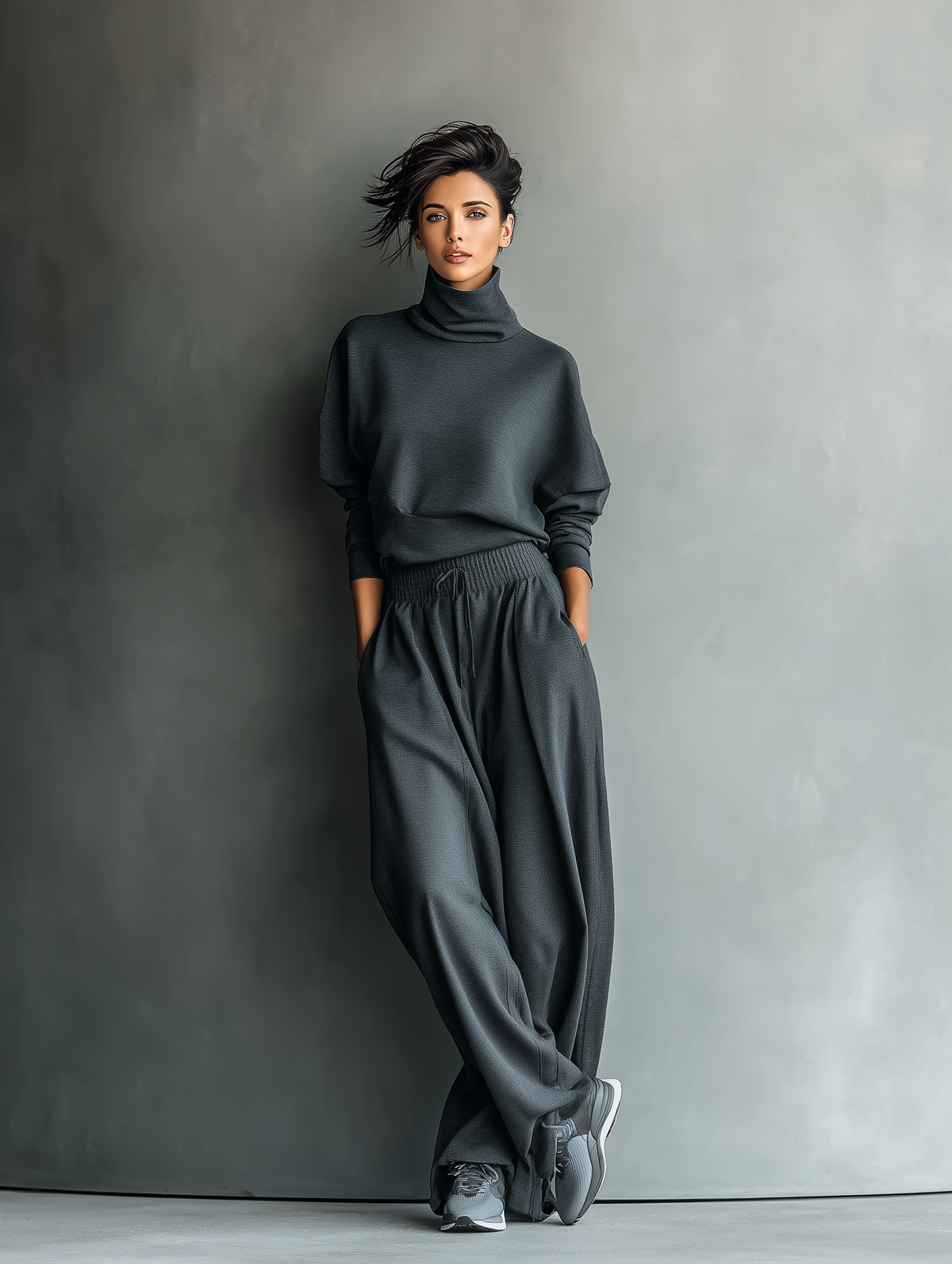 COMPLETO DONNA IN MAGLIA ANTRACITE CON COLLO ALTO E PANTALONI A GAMBA LARGA