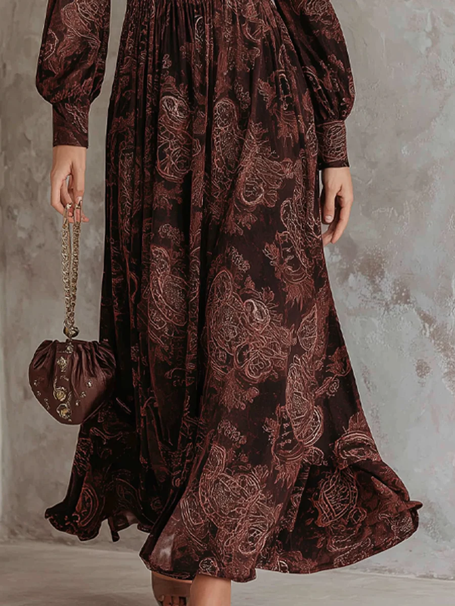 ORIANE | ABITO MAXI MARRONE A VITA ALTA CON ZIP E STAMPA PAISLEY