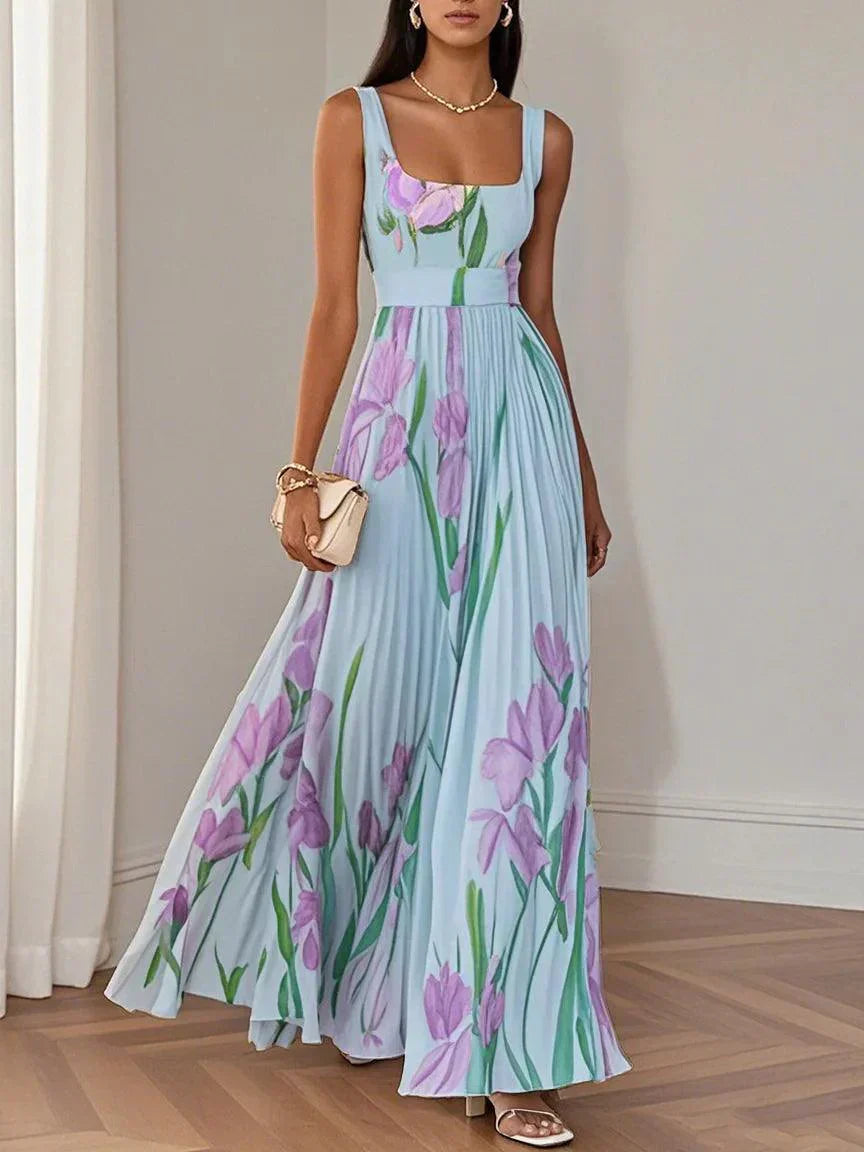 Vestito lungo svasato senza maniche con scollo quadrato in chiffon floreale plissettato bianco