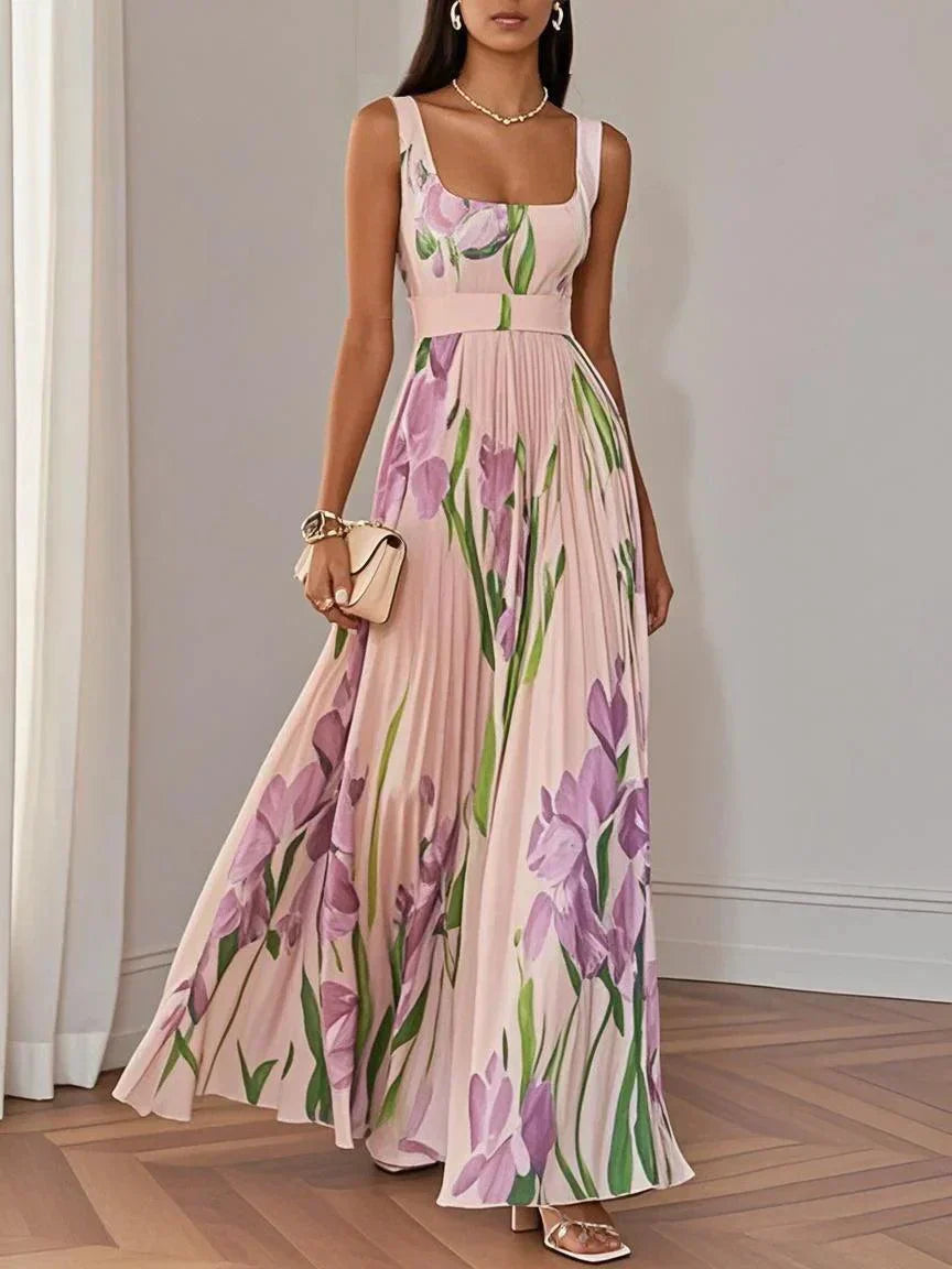 Vestito lungo svasato senza maniche con scollo quadrato in chiffon floreale plissettato bianco