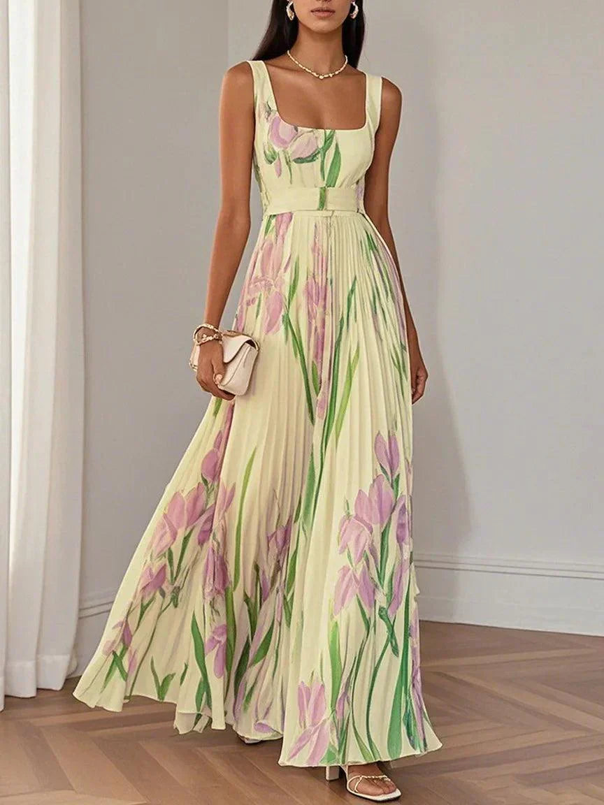 Vestito lungo svasato senza maniche con scollo quadrato in chiffon floreale plissettato bianco
