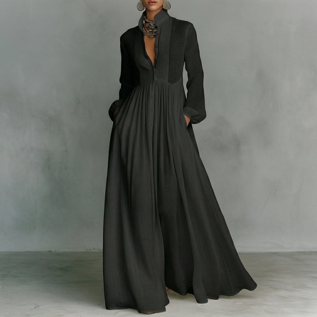 Maxi Minimalista in Cotone e Lino con Patchwork, Collo Alto e Maniche Lunghe