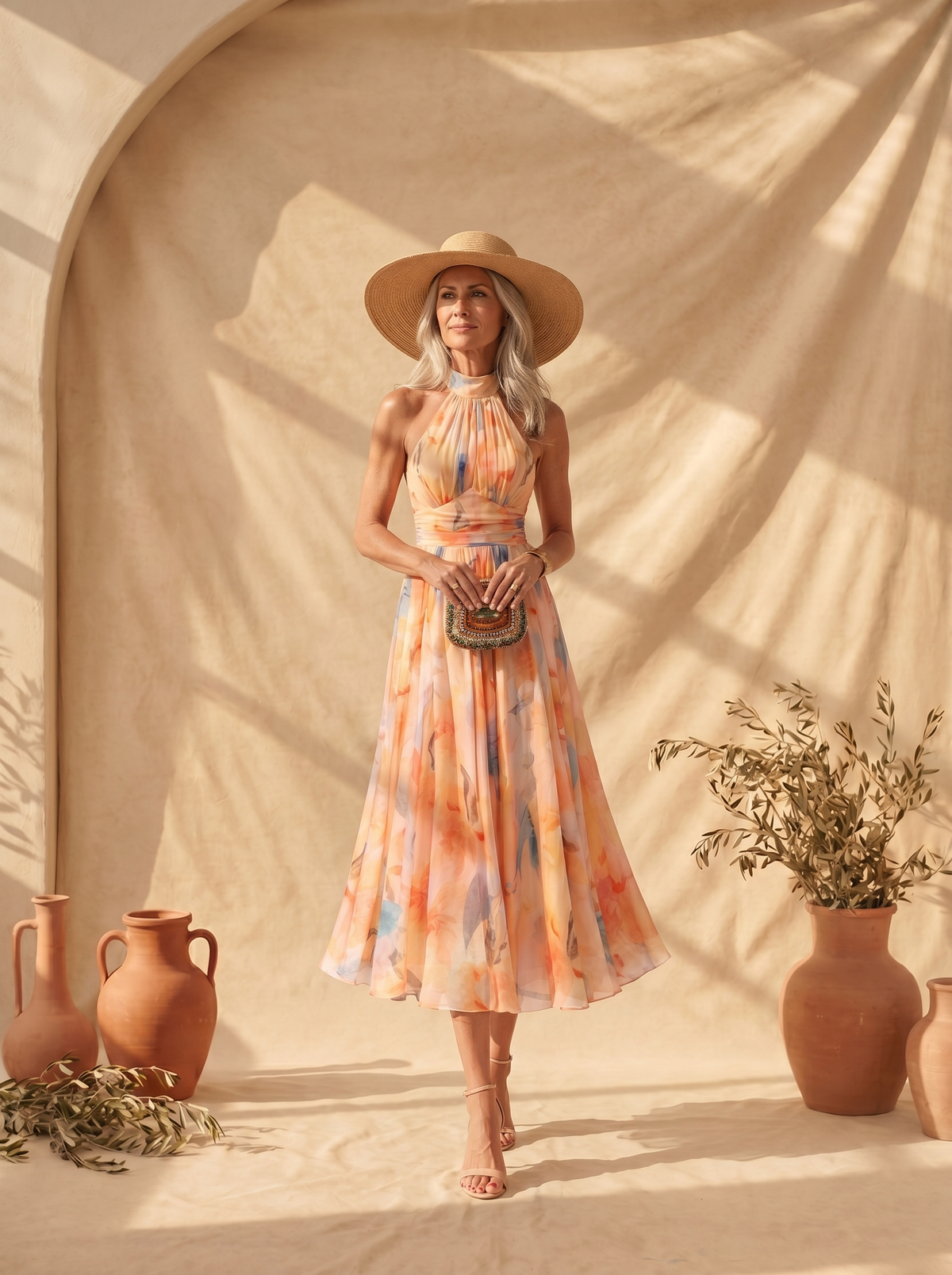 AURORA | ABITO CON COLLO HALTER E STAMPA ACQUERELLO