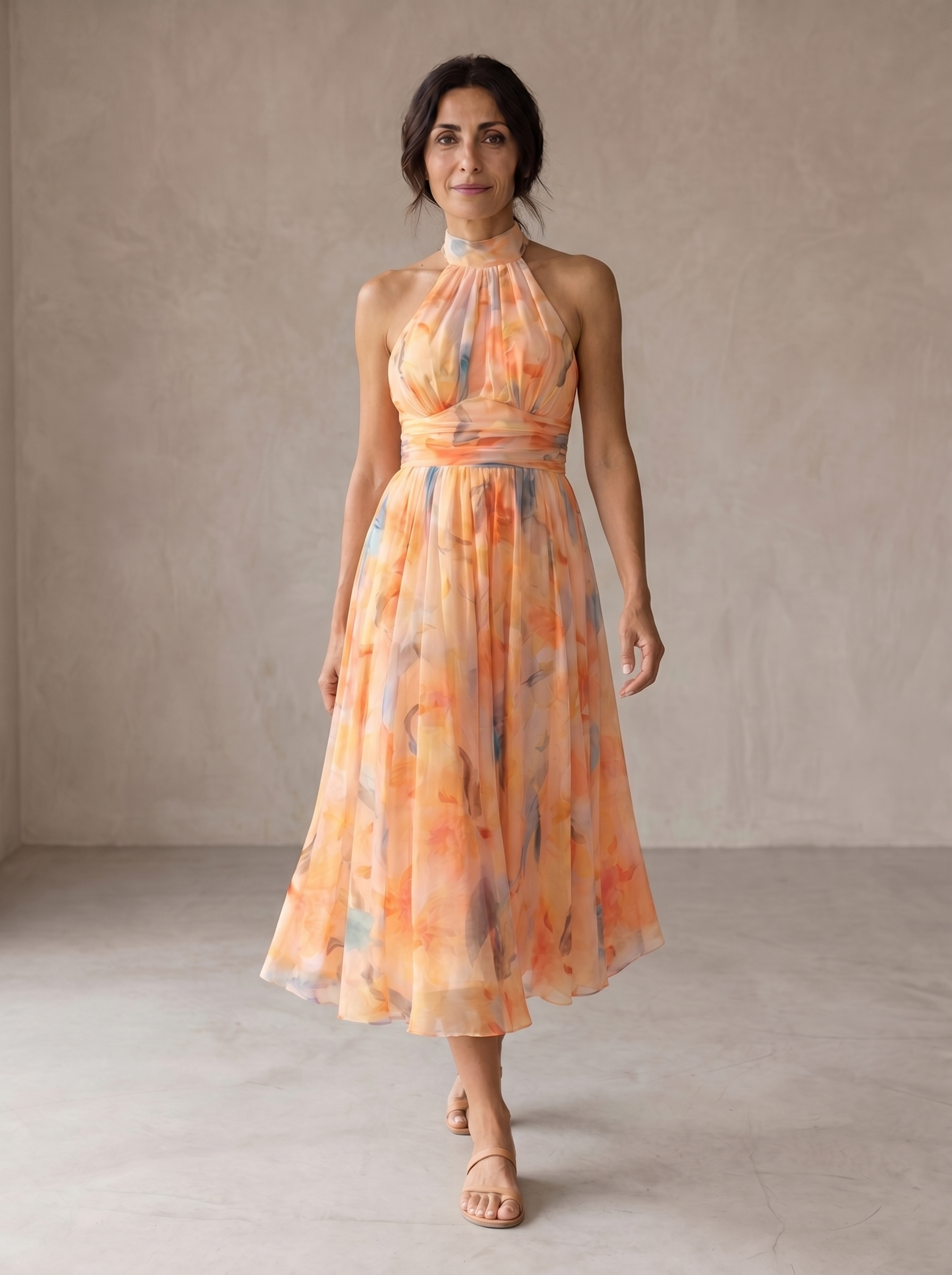 AURORA | ABITO CON COLLO HALTER E STAMPA ACQUERELLO