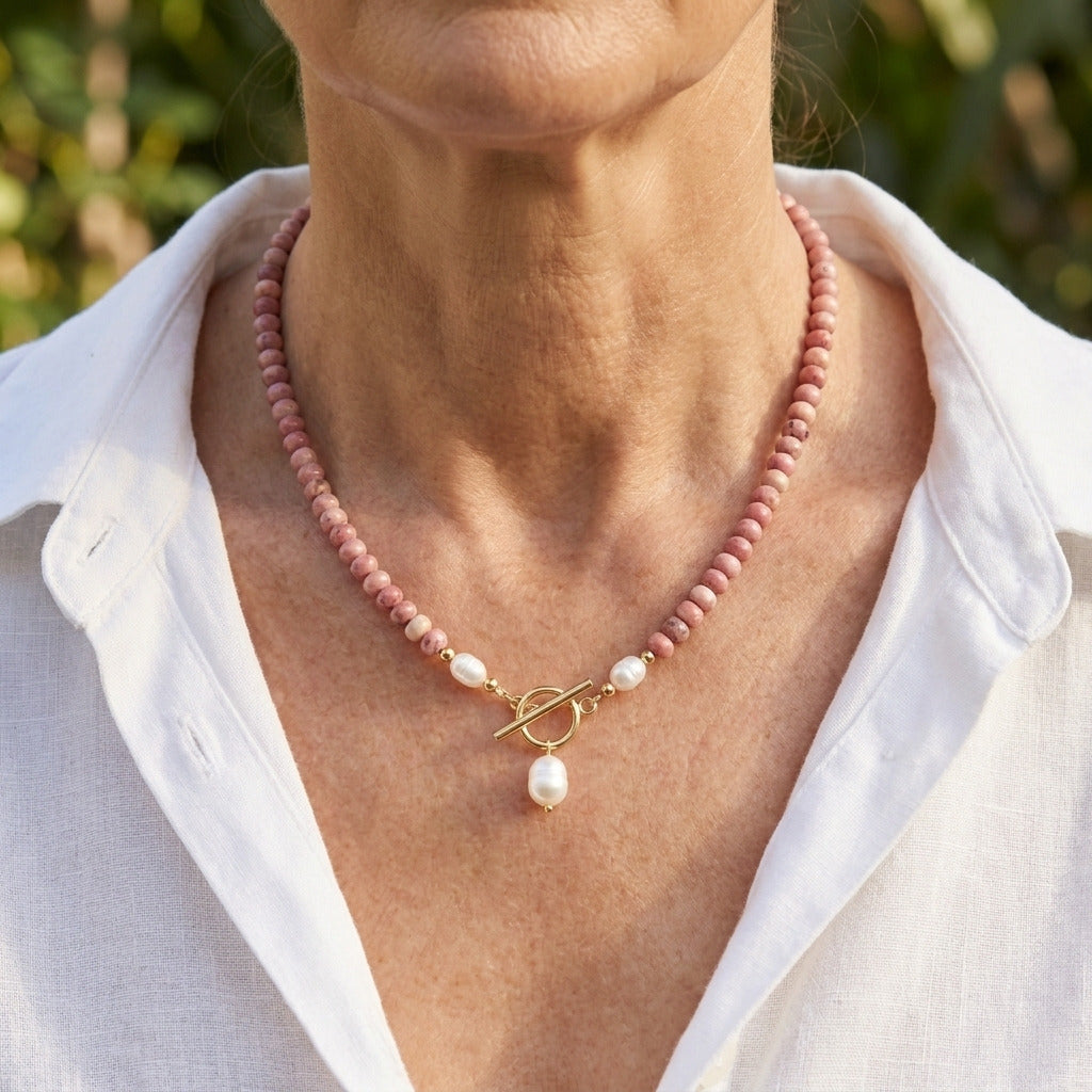 COLLANA DI PERLE E PERLINE DI RODONITE