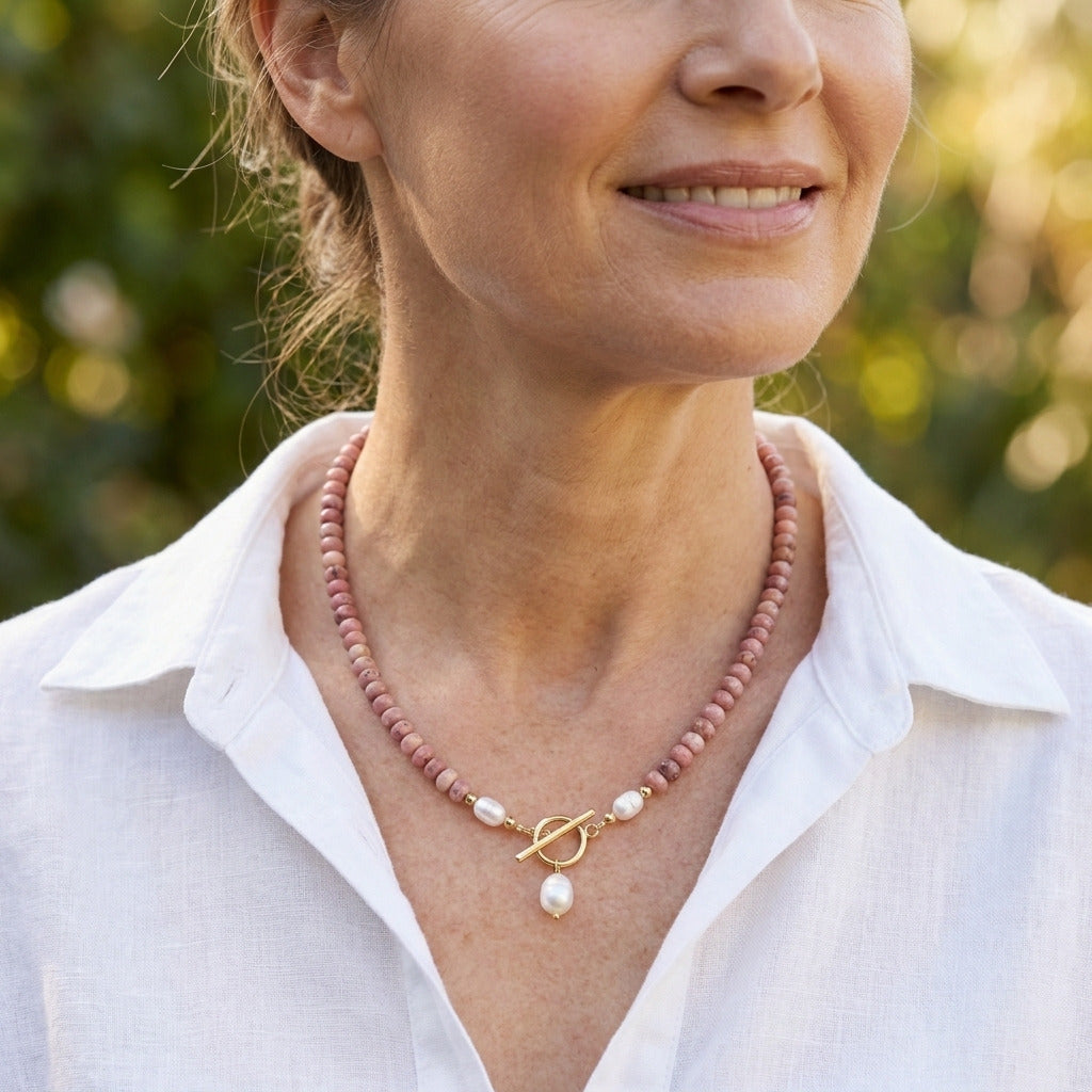 COLLANA DI PERLE E PERLINE DI RODONITE