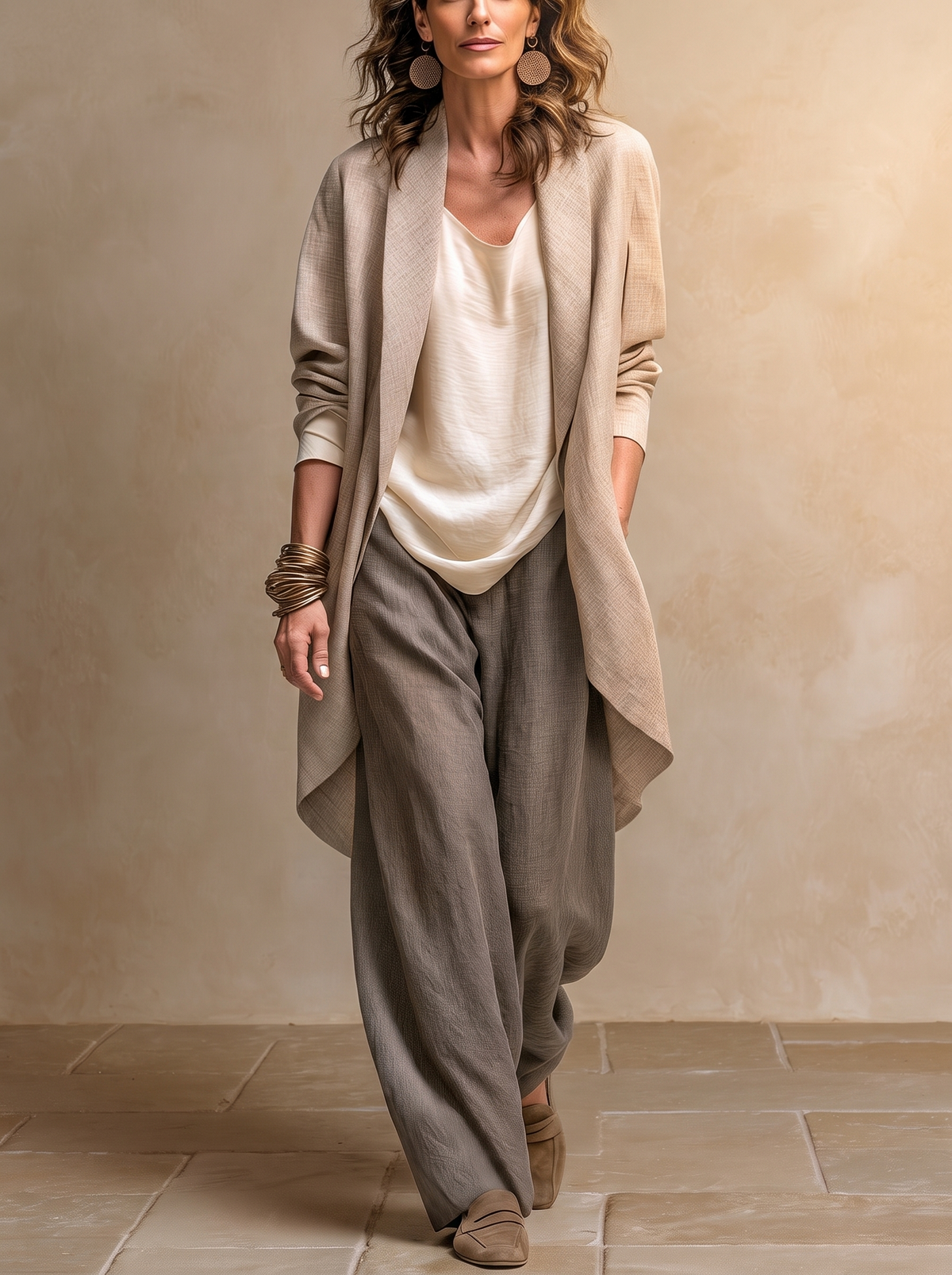 CONSTANCE | COMPLETO A TRE PEZZI BEIGE E GRIGIO, CASUAL A STRATI CON PANTALONI PALAZZO, ELEGANTE