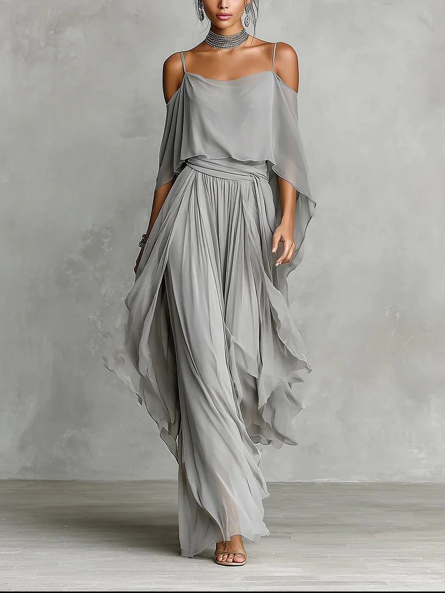 ISABELA | COMPLETO FLUIDO GRIGIO CON TOP A SPALLINE E PANTALONI LEGGERI