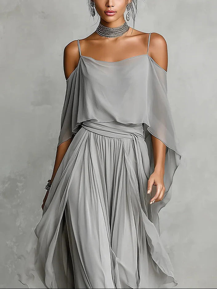 ISABELA | COMPLETO FLUIDO GRIGIO CON TOP A SPALLINE E PANTALONI LEGGERI