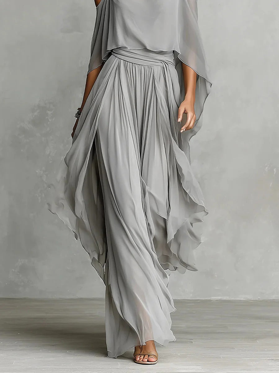 ISABELA | COMPLETO FLUIDO GRIGIO CON TOP A SPALLINE E PANTALONI LEGGERI