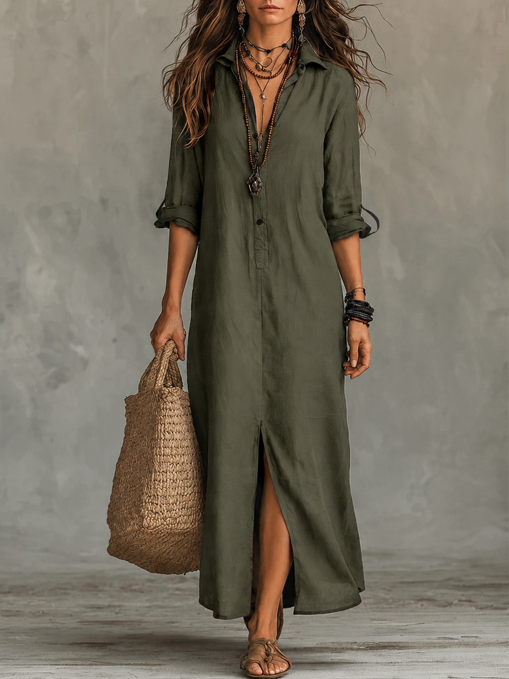 VESTITO LUNGO NERO IN STILE CAMICIA BOHEMIANO CON BOTTONI SUL DAVANTI