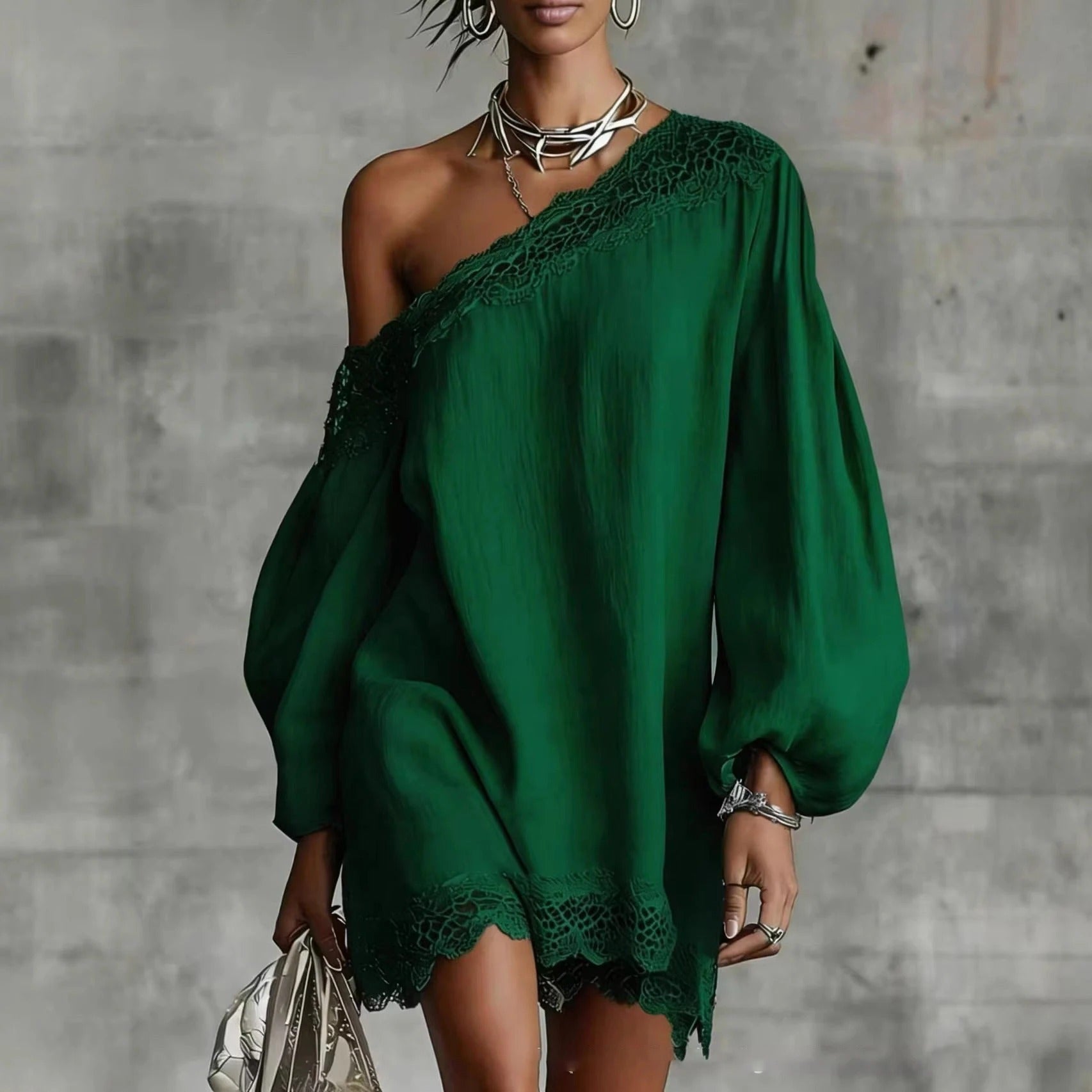 Olivia | Vestito Mini in Pizzo con Spalle Scoperte e Maniche a Sbuffo