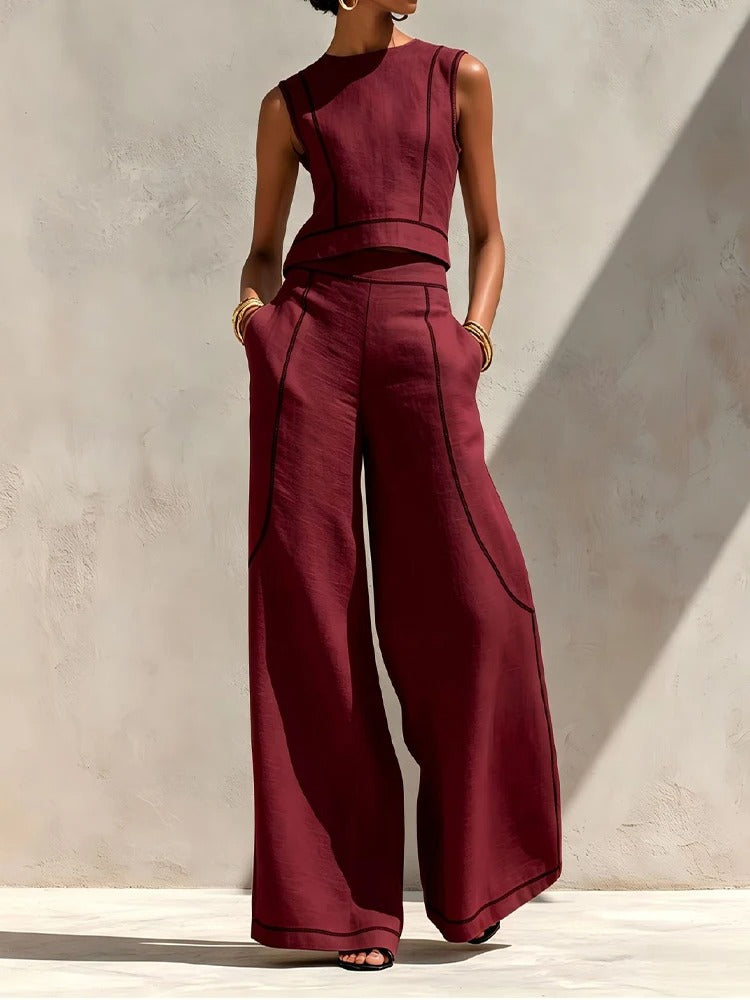 INÉS | COMPLETO DUE PEZZI CON PANTALONI PALAZZO E DETTAGLI A CONTRASTO