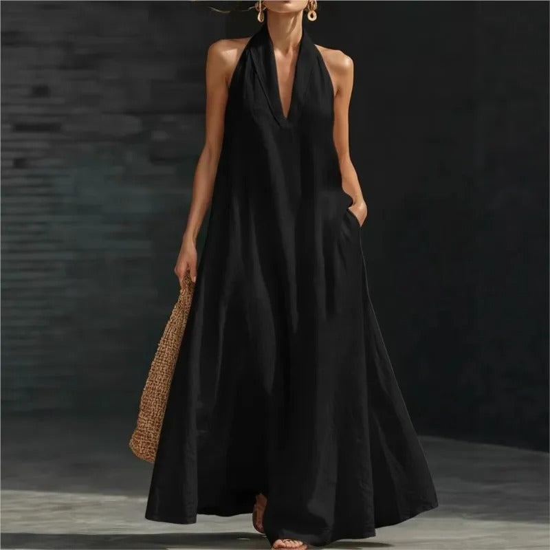 CLARA | VESTITO MAXI IN COTONE E LINO CON SCOLLO HALTER