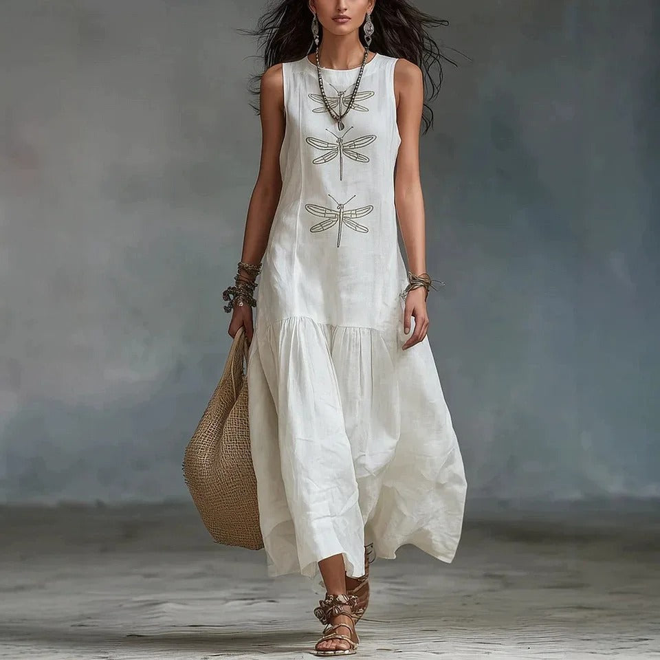 Daniela | Abito Midi Bohemien con Stampa di Libellule