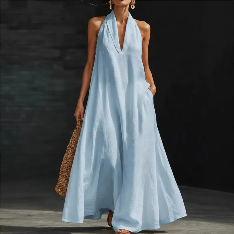 CLARA | VESTITO MAXI IN COTONE E LINO CON SCOLLO HALTER