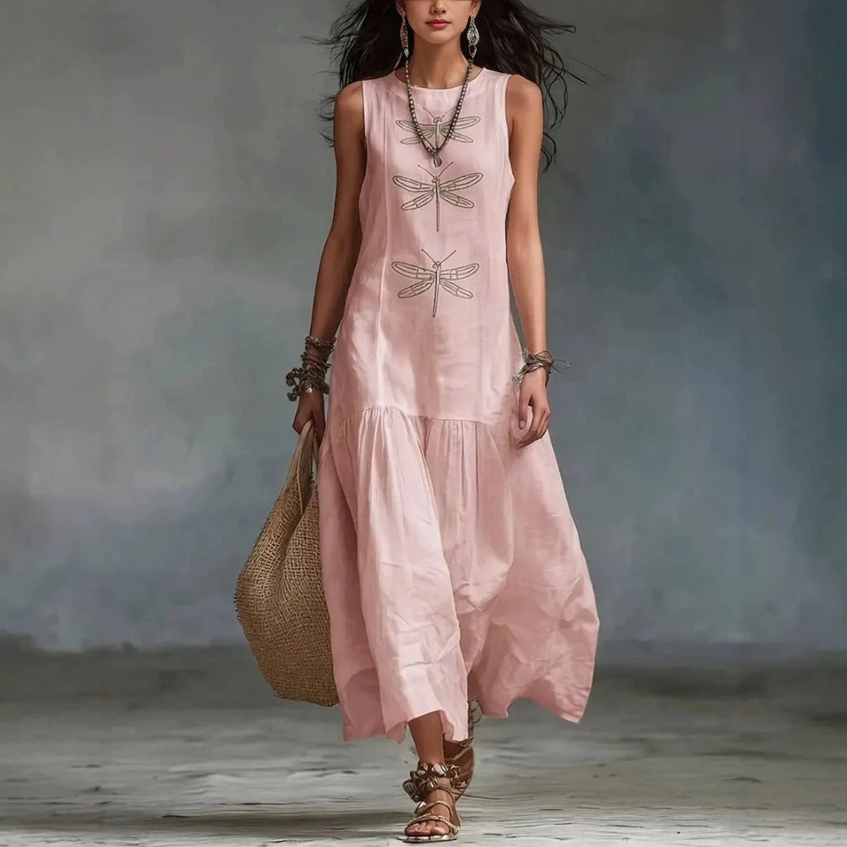 Daniela | Abito Midi Bohemien con Stampa di Libellule