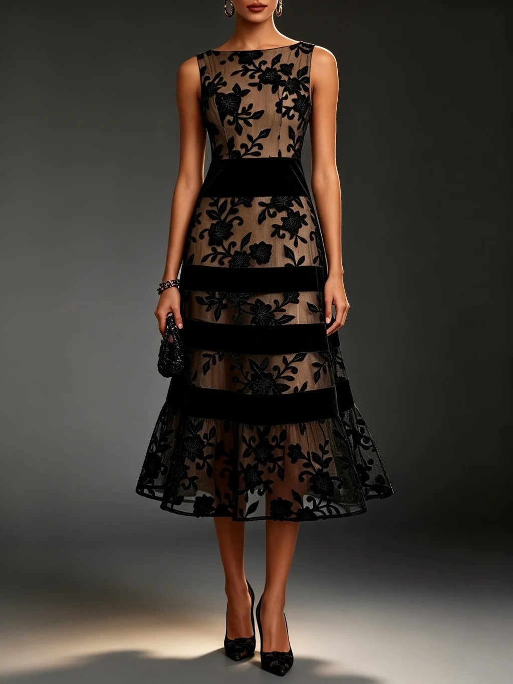 ODETTE | VESTITO MIDI IN TULLE RICAMATO FLOREALE