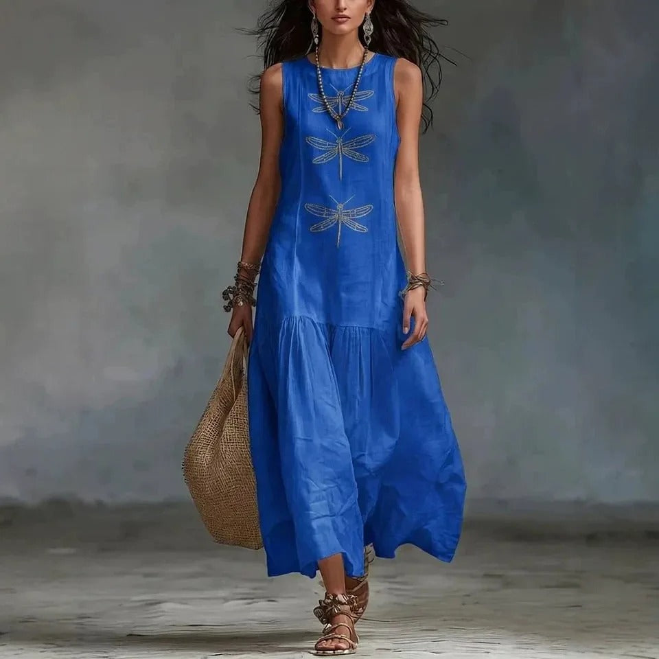 Daniela | Abito Midi Bohemien con Stampa di Libellule