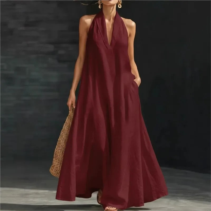 CLARA | VESTITO MAXI IN COTONE E LINO CON SCOLLO HALTER