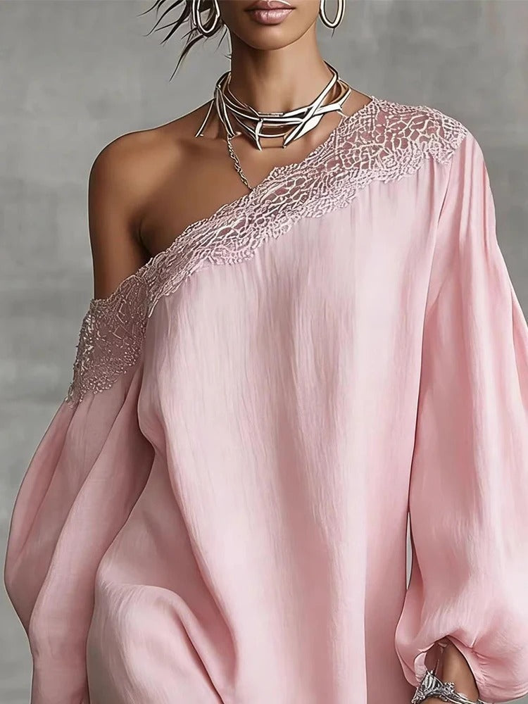 Olivia | Vestito Mini in Pizzo con Spalle Scoperte e Maniche a Sbuffo