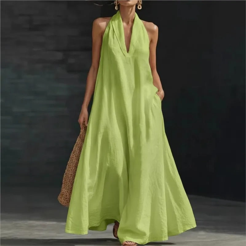 CLARA | VESTITO MAXI IN COTONE E LINO CON SCOLLO HALTER