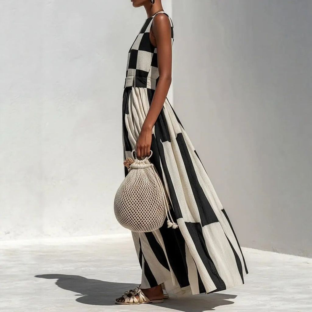NOA | VESTITO MAXI GEOMETRICO BIANCO E NERO