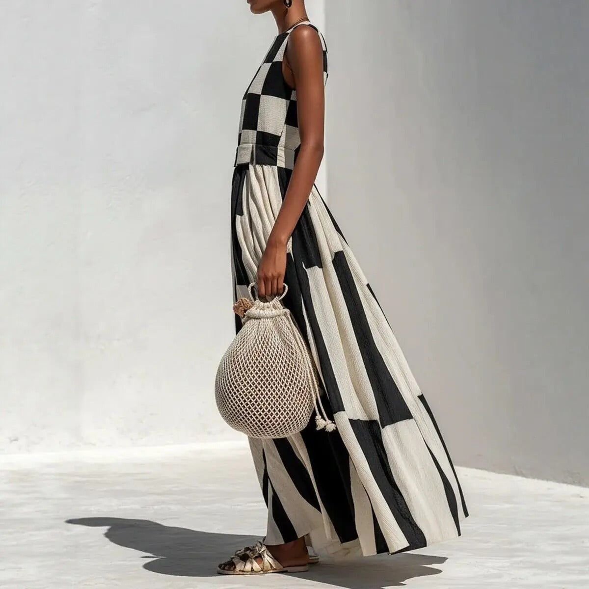 NOA | VESTITO MAXI GEOMETRICO BIANCO E NERO