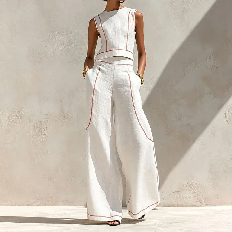 INÉS | COMPLETO DUE PEZZI CON PANTALONI PALAZZO E DETTAGLI A CONTRASTO