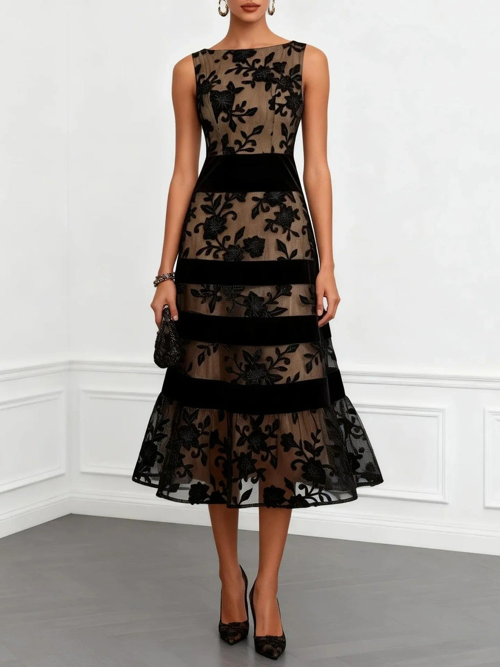 ODETTE | VESTITO MIDI IN TULLE RICAMATO FLOREALE