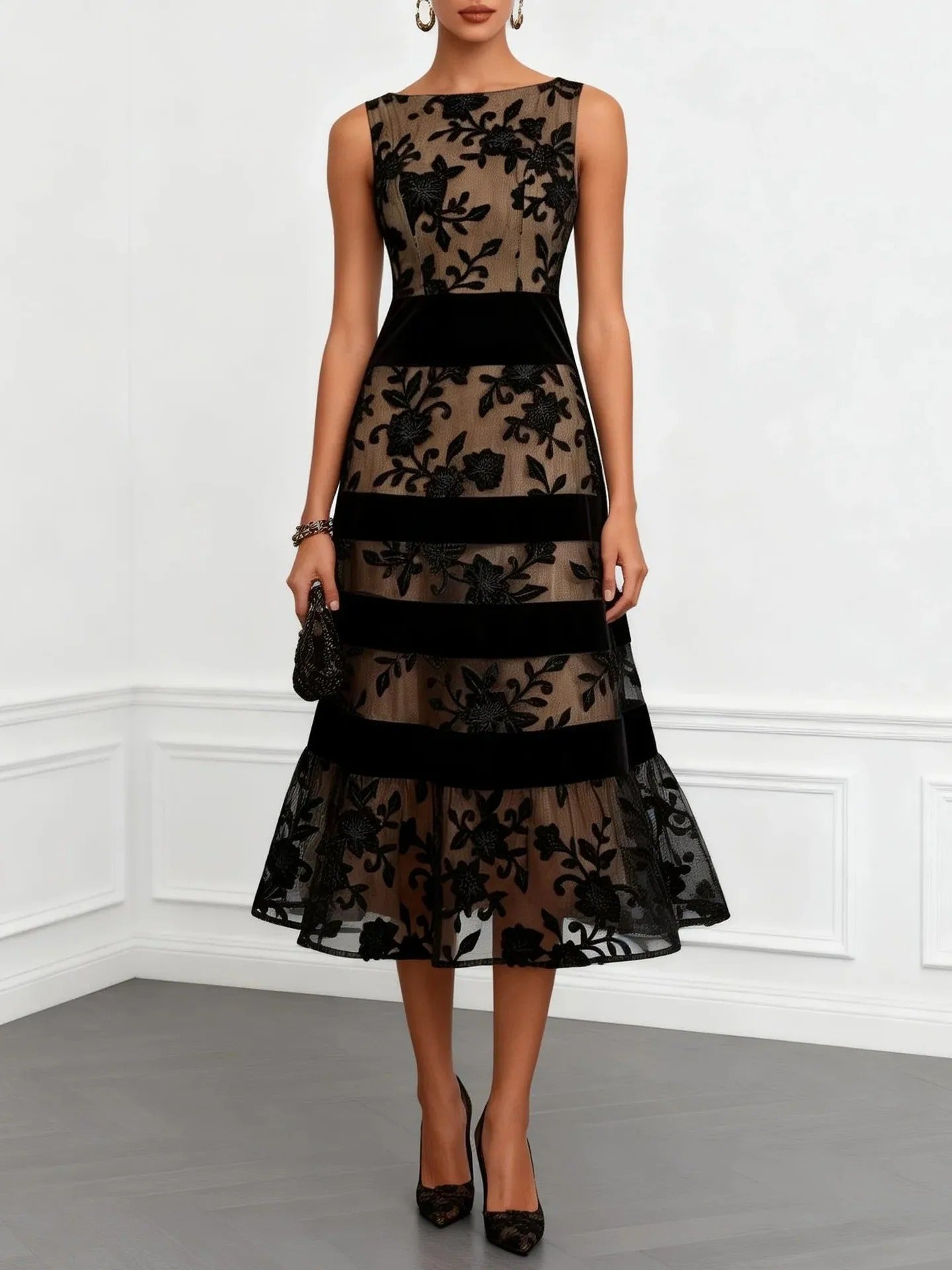 ODETTE | VESTITO MIDI IN TULLE RICAMATO FLOREALE
