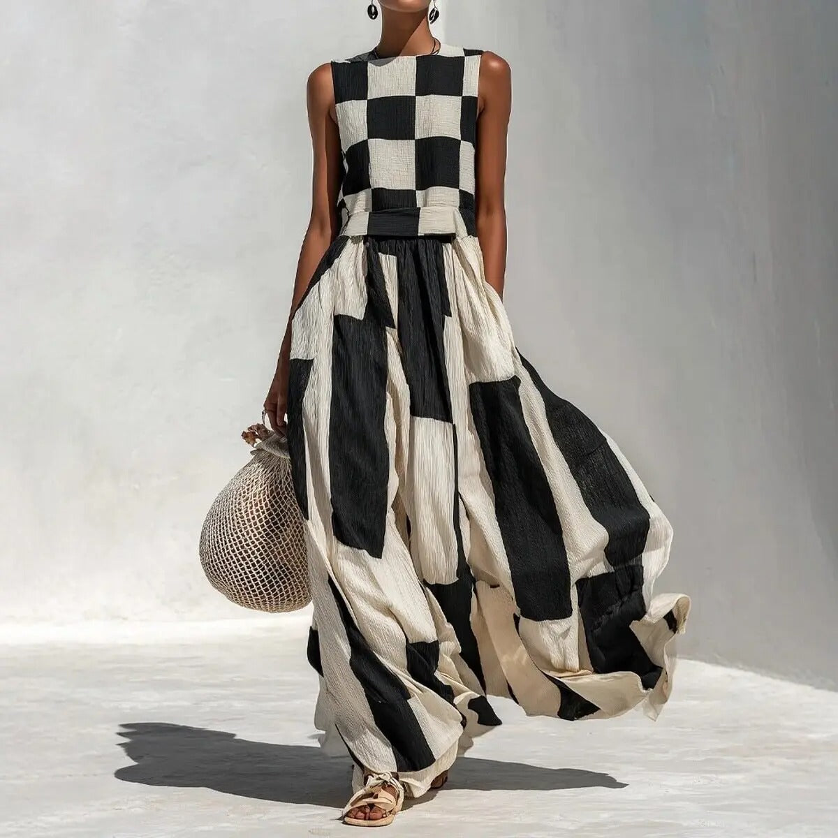 NOA | VESTITO MAXI GEOMETRICO BIANCO E NERO