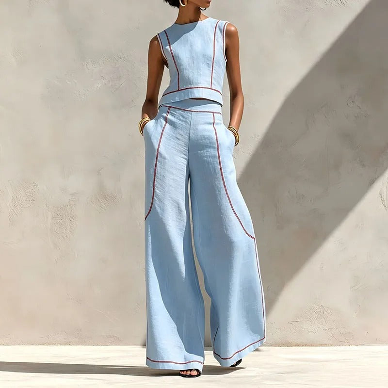 INÉS | COMPLETO DUE PEZZI CON PANTALONI PALAZZO E DETTAGLI A CONTRASTO