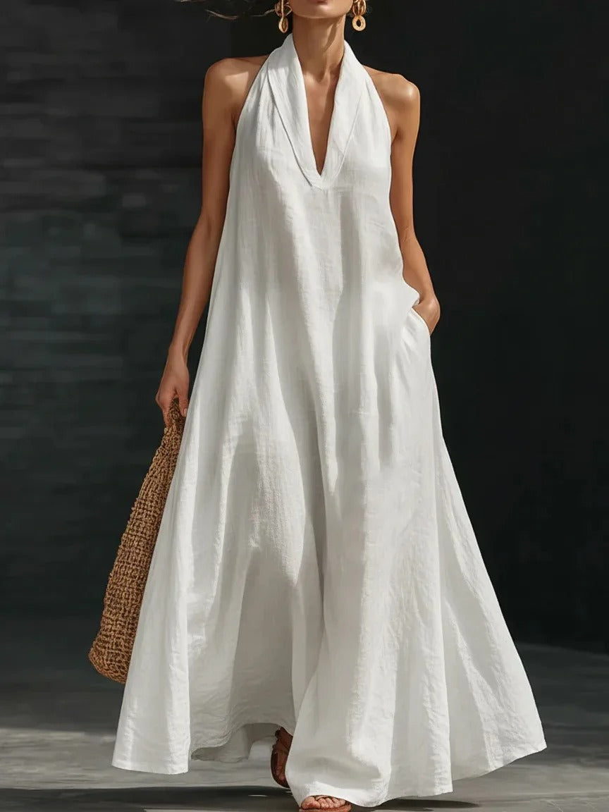 CLARA | VESTITO MAXI IN COTONE E LINO CON SCOLLO HALTER