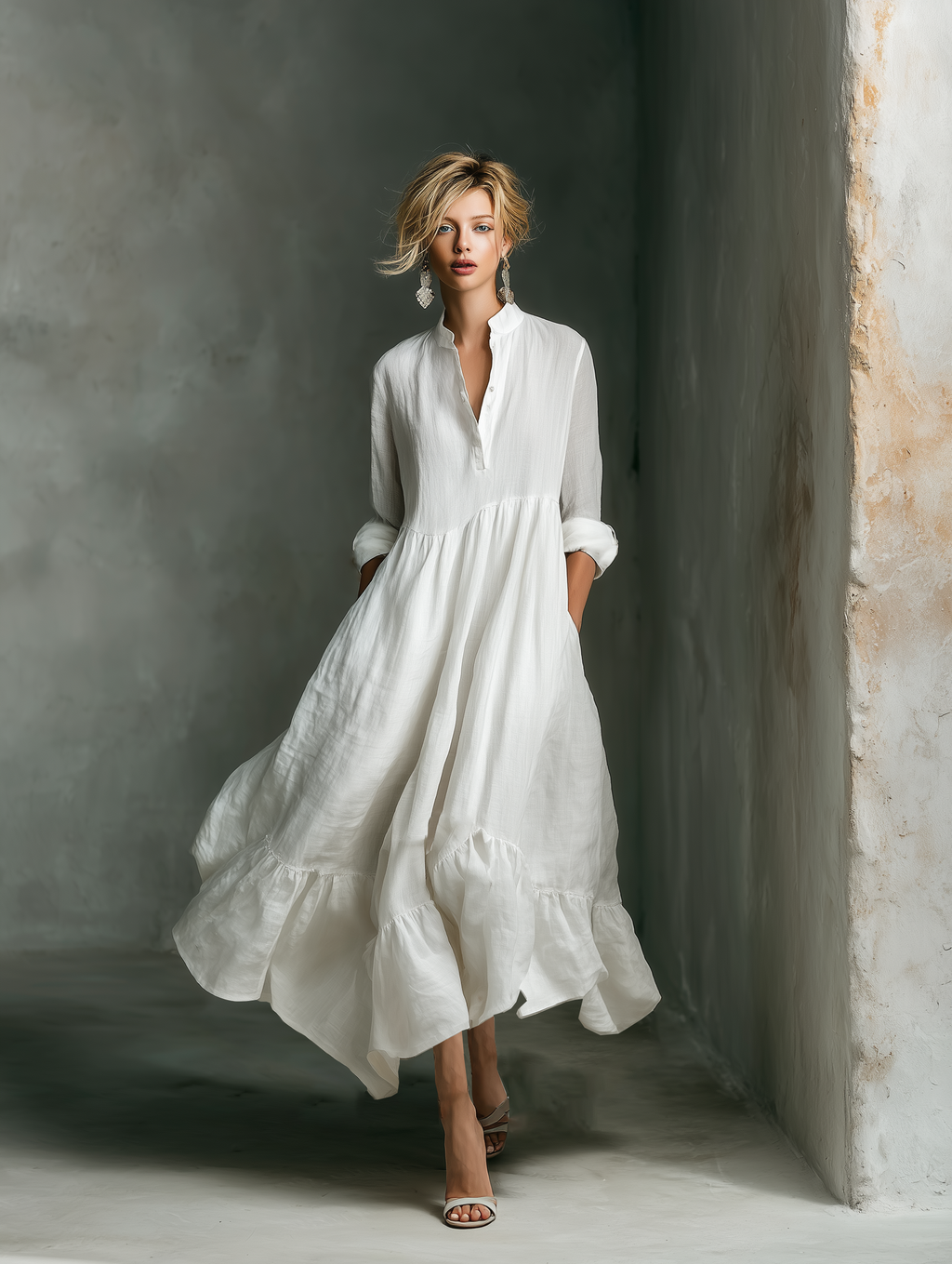 ABITO LUNGO DA DONNA BIANCO CON MANICHE LUNGHE E VOLANT
