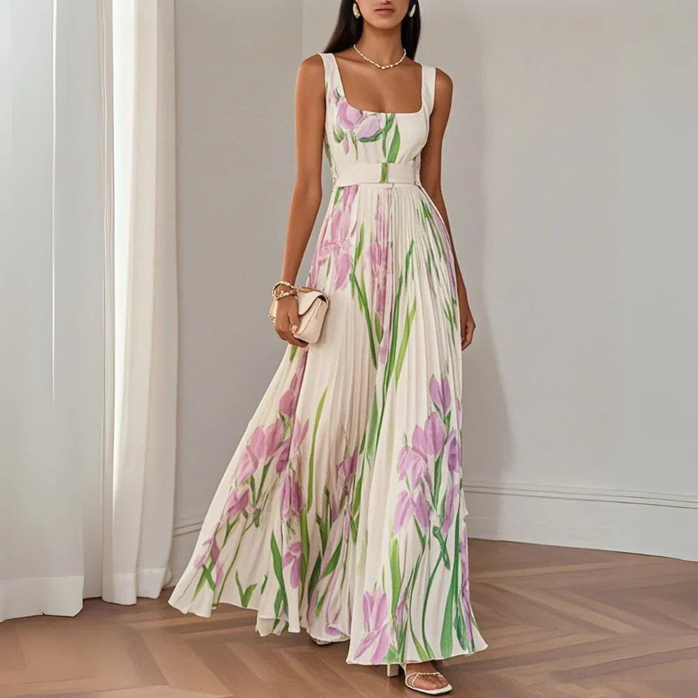 Vestito lungo svasato senza maniche con scollo quadrato in chiffon floreale plissettato bianco