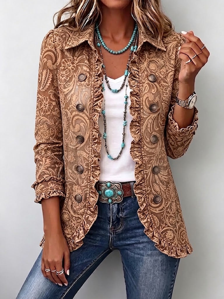 NOÉMIE | GIACCA BOHEMIANA FIORITA VINTAGE MARRONE CON VOLANT