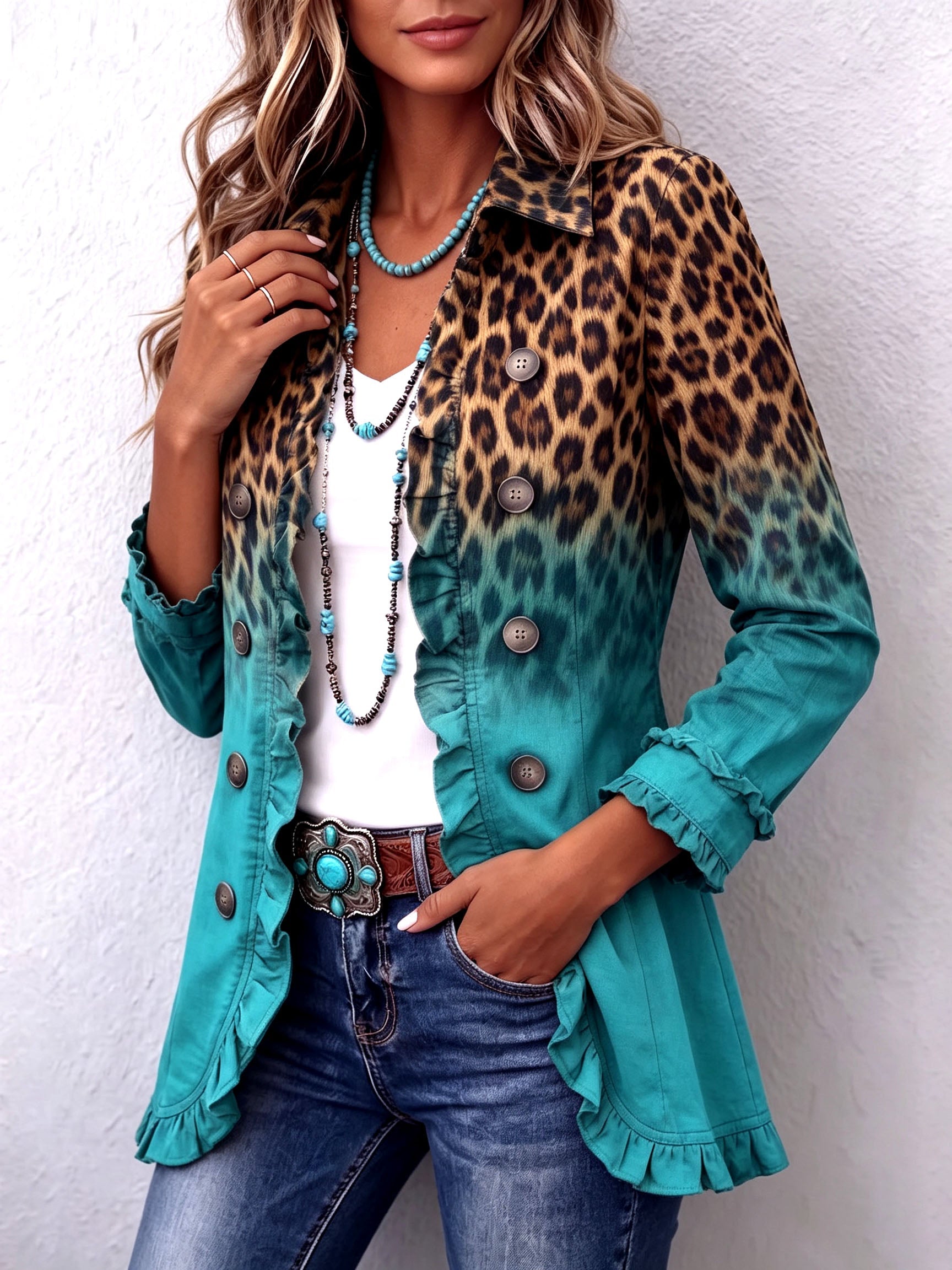 BÉATRICE | BLAZER LEOPARDATO SFUMATO TURCHESE CON VOLANT