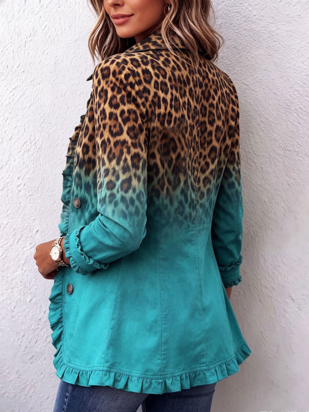 BÉATRICE | BLAZER LEOPARDATO SFUMATO TURCHESE CON VOLANT