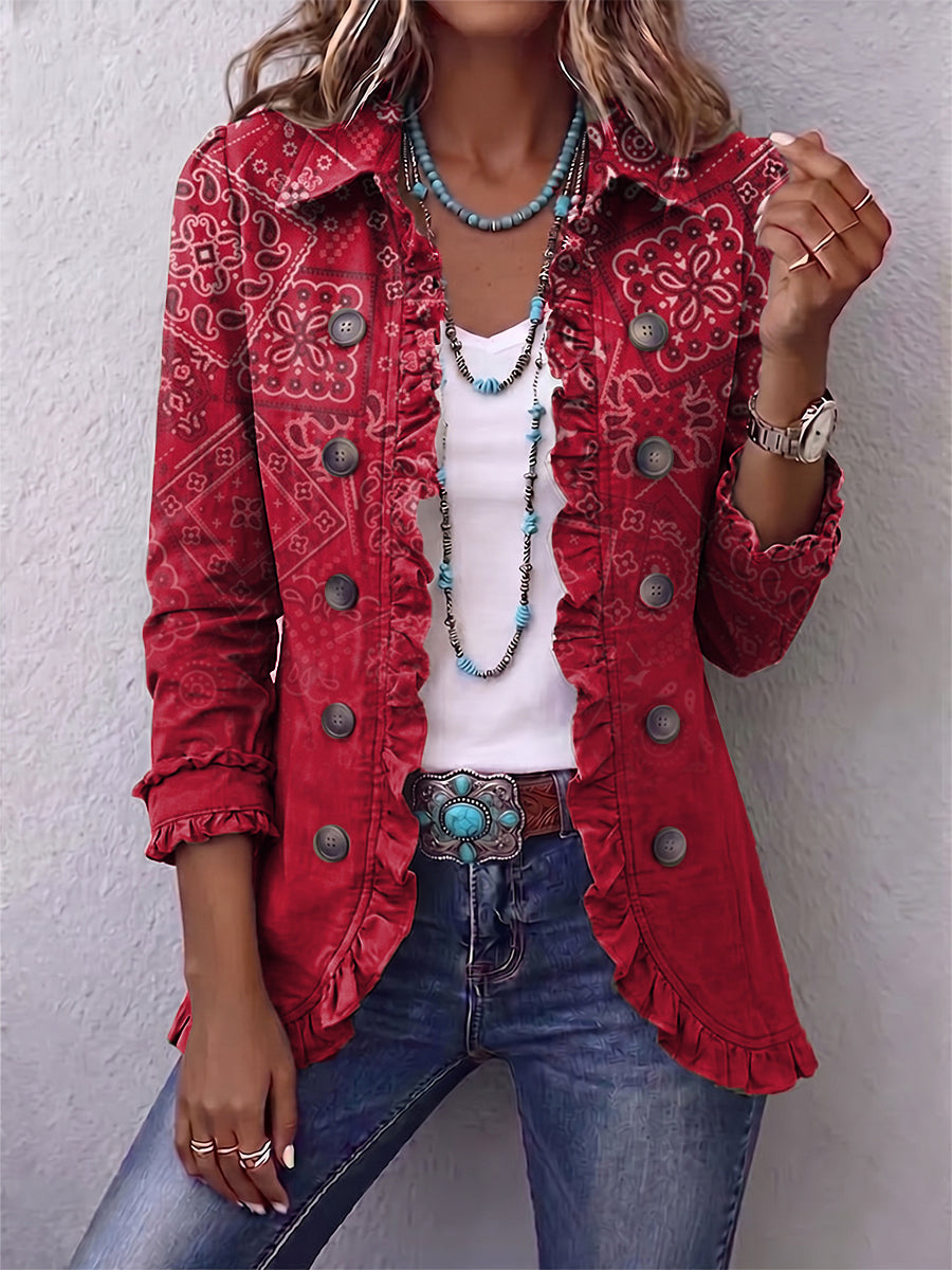 GAËLLE | GIACCA BOHEMIANA PAISLEY DEGRADÉ ROSSO CON VOLANTI